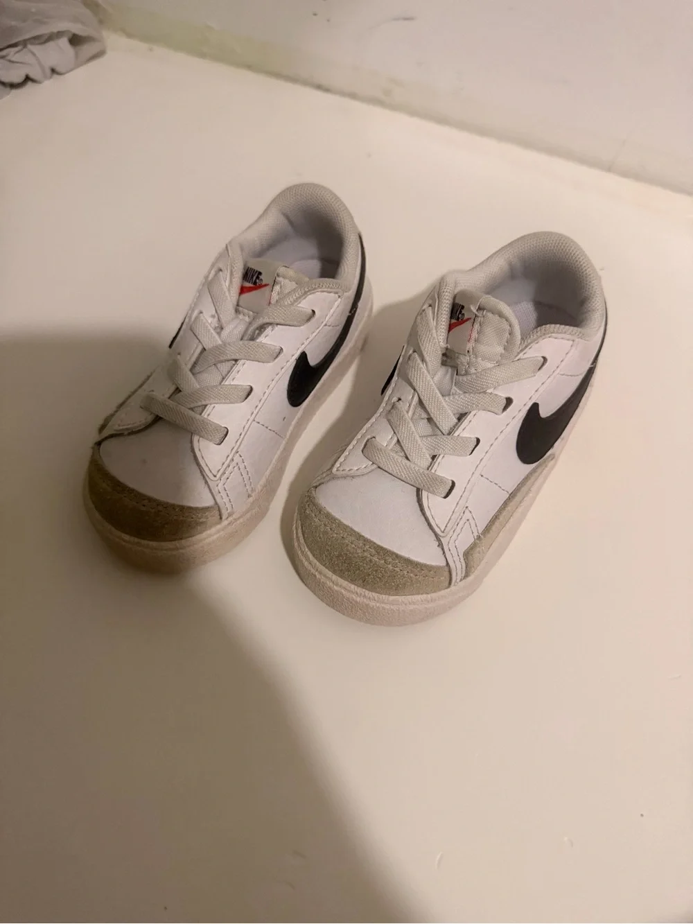 Nike Kids White Sneakers with Black Swoosh and Tan Suede Toe